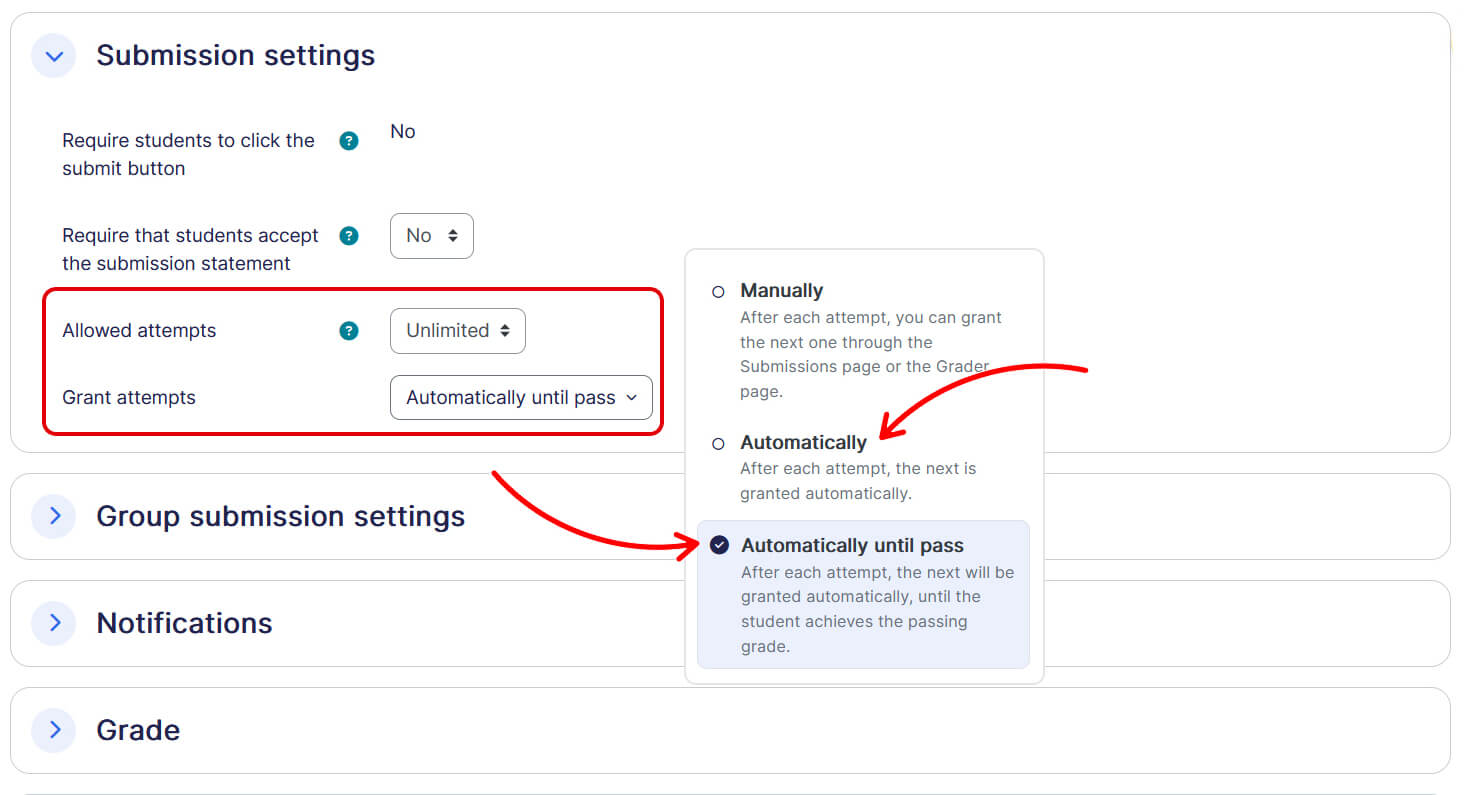 admin assignment attempt submission options